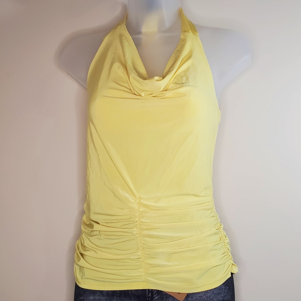 Luv Me More Yellow Funnel Neck Drapped Halter Top Sleeveless Bungee Sides Med Jr